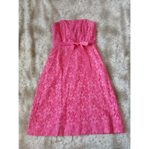 Vintage Lilly Pulitzer Pink Eyelet Strapless Belted Dress Size 6 - Picture 1 of 5